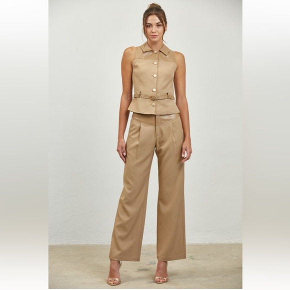 A48. Tan Faux Leather Belted Vest & Pants Set - Picture 5 of 8